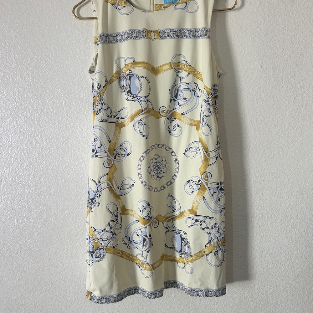 J. McLaughlin Cream Shift Dress with Gold & Navy Chain Print